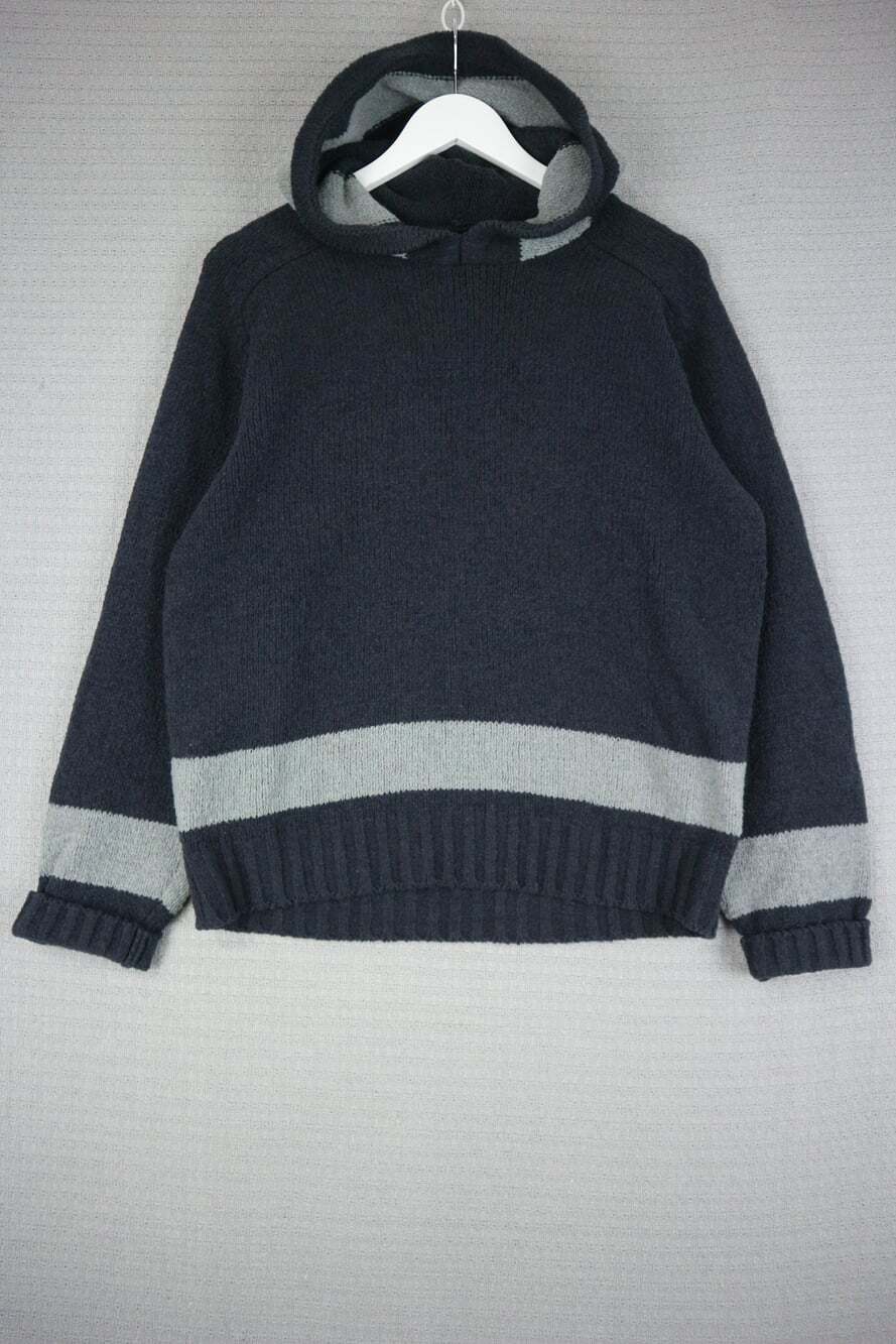 Sisley Made in Italy Hooded Knit Sweater Small Black Grey Stripe Chunky Pullover